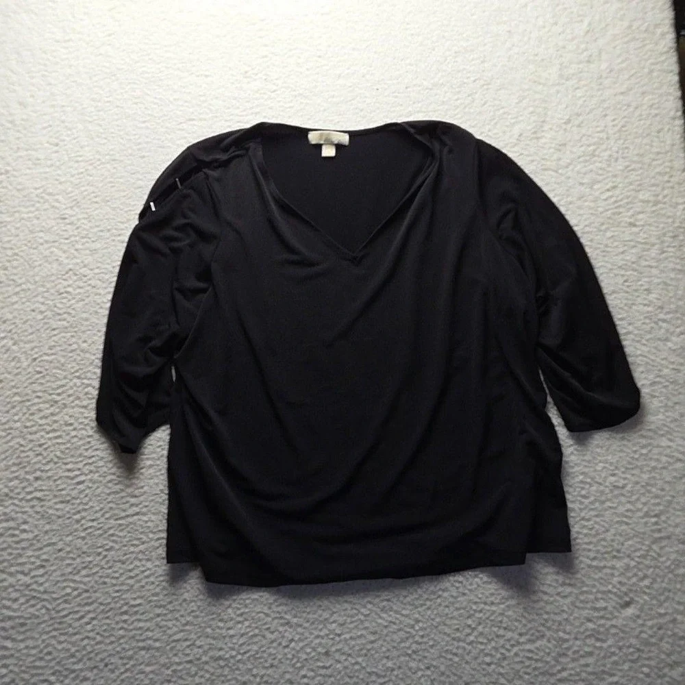 Michael Kors Blouse Womens Plus 2X Black V Neck 3/4 Sleeve Strap Jersey Top